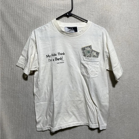 Vintage My Kids Think I’m A Bank! Pocket Tee Medium US MADE Light Wash - Picture 1 of 8
